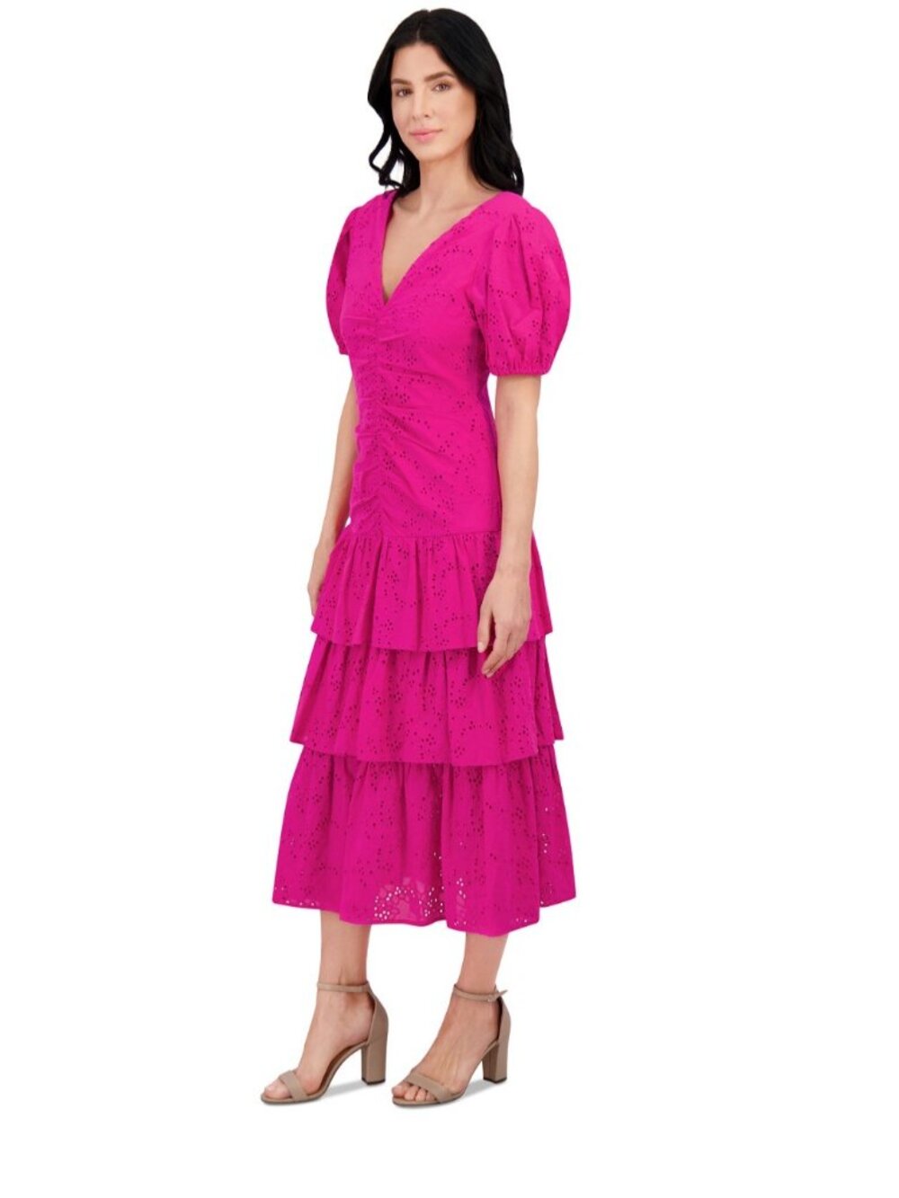 Pink Eyelet Tiered Midi Dress With Puff Sleeves V-Neck And Back Zip Closure - Si - Picture 8 of 9